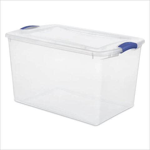 Blue 66 Quart Clear Storage Bin with Latching Lid for Easy Grip Heavy Loads Stackable Plastic Container for organizing gear.