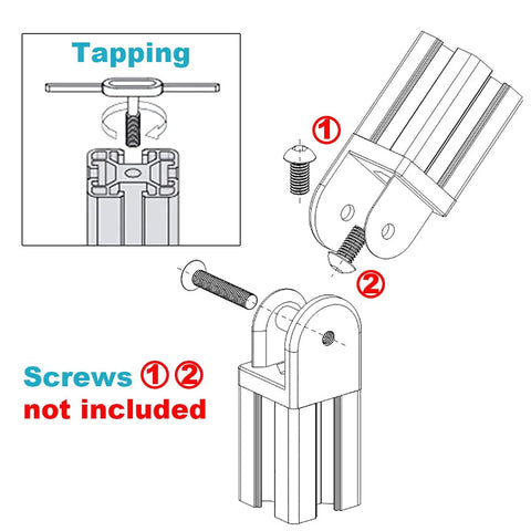 Diagram showing installation of Heavy Duty Black Pivot Joint Hinges 4 Pack Fits 4040 T Slot Aluminum Extrusion Profile Slick Zinc Alloy Construction With M8 Mounting Holes Rock Solid Swivel Action Pro Builder Gear.