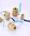 Heavy Duty Solid Brass Ball Valve With Double Internal Thread One Point Five Inch Straight Through Shut Off For Plumbing Lines with blue handles.