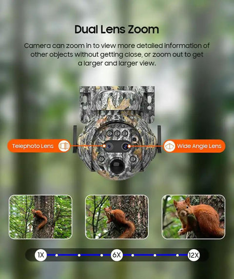 Heavy Duty Camouflage Solar Security Camera Outdoor 6Mp 12X Zoom Dual lens zoom for detailed wildlife monitoring.