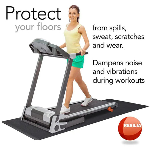 Woman using treadmill on protective floor mat with text about noise dampening and floor protection, Resilia mat featured.