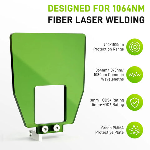 Badass OD5 Plus Green Laser Welding Shield For Handheld Fiber Guns showcasing green PMMA plate and robust mount.