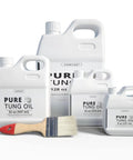 Pure Tung Oil For Wood Finish With Included Brush, No Fuss Food Grade Outdoor Sealer, 128 Fl Oz, shown with various container sizes