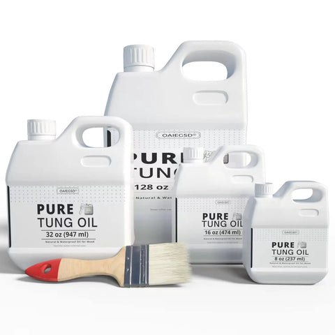 Pure Tung Oil For Wood Finish With Included Brush, No Fuss Food Grade Outdoor Sealer, 128 Fl Oz, shown with various container sizes