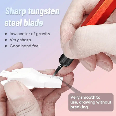 Heavy Duty Tungsten Steel Model Scriber Chisel 0.1mm Precision Tool engraving a plastic model with a sharp tungsten steel blade.