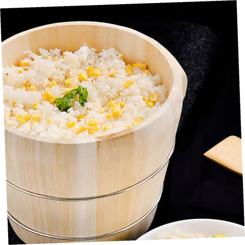 Premium Handcrafted Wood Steamed Rice Bucket With Lid, Round Beige Cask filled with rice and corn, placed on black surface.
