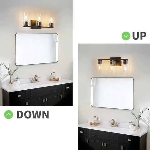Four Light Matte Black Bathroom Vanity Light With Glass Shades Over Mirror Wall Sconces For Farmhouse Style, mounted up and down