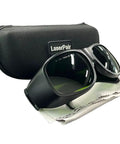 Heavy Duty Ipl Safety Glasses With Broad Spectrum Protection For Hair Removal And Beauty Therapy Lock In Zero Stress Eye Coverage For 200 To 2000 Nm Uv Rays And Blue Light Filters resting on a cleaning cloth beside a protective case.