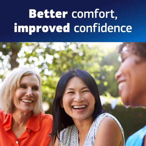 Women smiling outdoors with text: 'Better comfort, improved confidence'