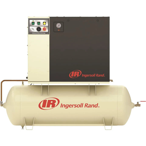Heavy Duty Rotary Screw Air Compressor With Total Air System And Plug And Play Auto Cycling Delivering Bulletproof 7.5 Horsepower On Three Phase 230 Volt Lines With Zero Hassle 28 Cfm Output with visible controllers and tank.