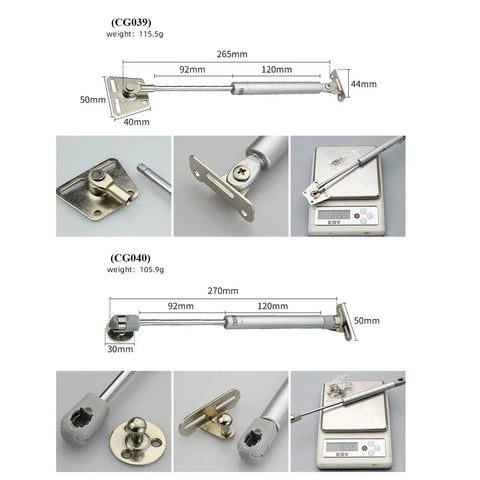 Top Shelf Pneumatic Support Rod For Soft Close Kitchen Cabinet Doors Hydraulic Gas Spring Lift Arm 100N with dimensions shown.