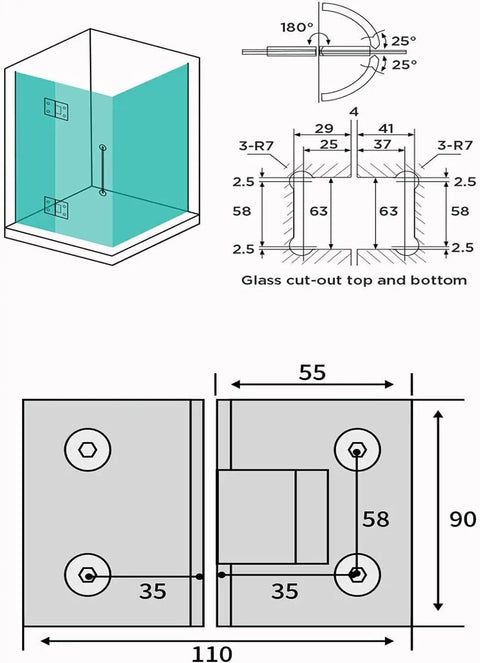Heavy Duty Two Pack 180 Degree Glass Door Hinges Rock Solid 304 Stainless Steel Pivot For Frameless Showers And Cabinets Auto Spring Back With Zero Hassle Mounting Hardware Included with dimensions and cutout guide.