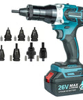 Hardcore Cordless Rivet Nut Gun For Metal Fabrication And Auto Shop Projects Delivers No Hassle Fastening In Three Seconds With M3 To M12 Threads, battery and various sizes of rivet nuts.