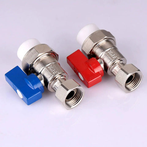 Rock Solid Brass PPR Union Ball Valve One Half Inch By Twenty Millimeter To Three Quarter Twenty Five Millimeter Pipe Coupler with blue and red handle valves.