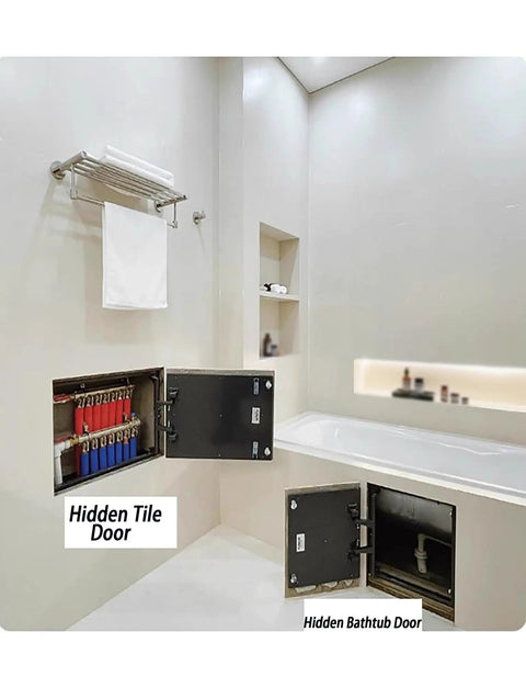 Heavy Duty Stainless Steel Concealed Hinges For Seamless Hidden Access Panels And Tile Ready Inspection Doors With Hassle Free Install And Smooth Swing For Bathrooms And Utility Rooms 60 X 100 Cm shown with hidden tile and bathtub doors in modern bathroom.