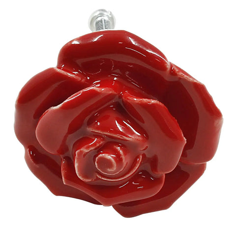 Top Shelf Red Rose Ceramic Drawer Pulls and Dope Floral Cabinet Hardware Knobs with Smooth High Temperature Glaze for Kitchen Refresh and Modern Room Makeover Two Piece Set close-up of red rose drawer knob.