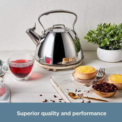 Specialty Stainless Steel Tea Kettle, 2 Quart, induction ready pot with visible fill line and whistle, silver, on kitchen countertop