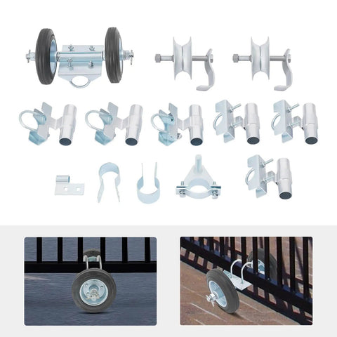 Rock Solid Heavy Duty Sliding Gate Hardware Kit includes rollers, brackets, and dual wheel tracks for 600 pound fences.
