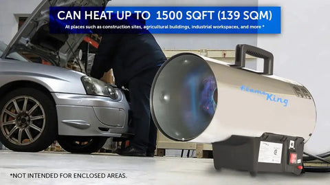 Big 60,000 BTU Portable Propane Forced Air Heater For Outdoor Use heating garage area with car and mechanic nearby