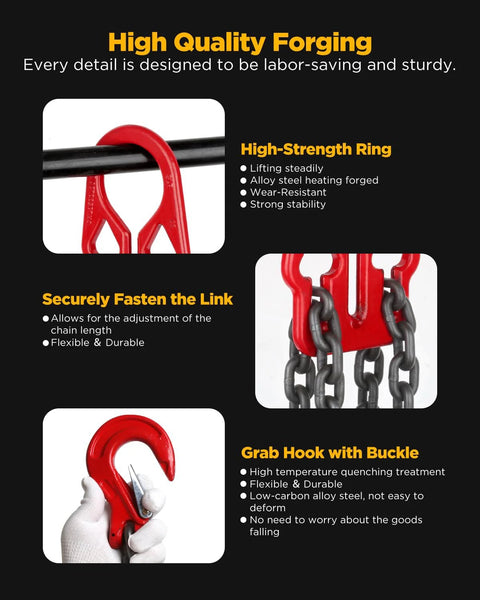 Heavy duty lifting chain with red hooks and gray steel links; dual-leg chain sling.