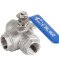 Kickass Heavy Duty One Half Inch 304 Stainless Steel Three Way Ball Valve T Port showing blue handle and threaded ends.