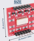 Five-Piece Four-Channel Optocoupler Isolation Module With TLP281 ICs for Arduino showing size dimensions, red PCB board