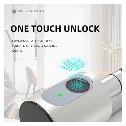 Adjustable Cylinder Smart Lock Hits Different With BLE Fingerprint And IC Card Access; close-up of fingerprint sensor and control panel.