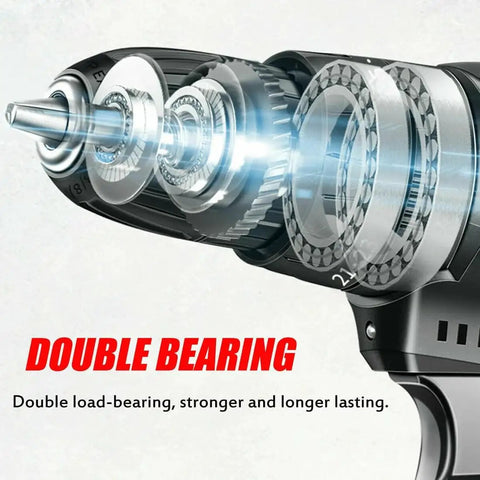Cordless Drill And Impact Driver Combo Pack With Rechargeable Battery And Charger, Variable Speed Power Tool close-up of double bearing design.