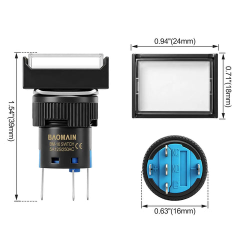 Five Pack Sixteen Millimeter Latching Push Button Switches With Beefy Blue Rectangular Caps And 12V DC LED Indicator, dimensions shown