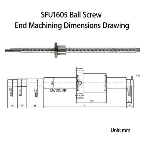 Hella Smooth SFU1605 Linear Motion Ball Screw Kit With Anti Backlash Nut dimensions drawing showing end machining specifications.