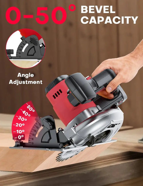 This Badass 6.5 Inch Cordless Circular Saw Packs An 8000 Rpm Brushless Motor Built For Milwaukee M18 Batteries shows 0-50° bevel capacity with handle adjustment.