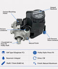 Direct Replacement GM Type II Power Steering Pump With Integral Reservoir Saginaw TC Lightweight Aluminum Build, side view with labels.