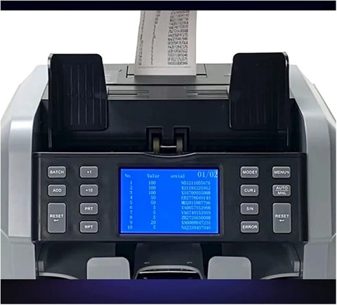 Close-up of Slick Touchscreen Money Counter Machine For Fast Multi Currency Banknote Sorting And Bill Counting With Built In Printer displaying a printed receipt.