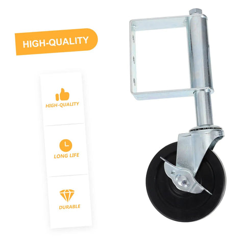Heavy Duty Spring Loaded Fence Gate Wheel Rig With Telescopic Support And Swivel Caster, showing durable silver swivel and black wheel.