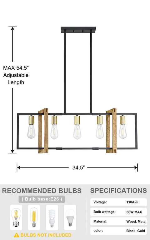 Farmhouse Rustic Five Light Gold Chandelier for Kitchen Island with black finish, E26 base, size and specifications visible.