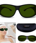 The Trusted Real Deal Broad Spectrum Laser Safety Glasses That Deliver Hella Consistent Eye Protection For Ipl Machines And Commercial Hair Removal Facilities Daily with green tint in black frame.
