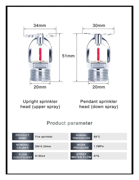 Bronze Ceiling Downward Pendent Fire Sprinkler Head 155F Fast Acting Half Inch Npt Thread dimensions and parameters chart.