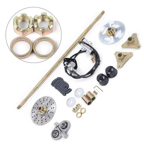 Go Kart Rear Axle Kit 29 Inch 740mm Complete Live Hub With Brake Assembly Pillow Blocks T8F Sprocket 58T components displayed