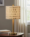 Transitional Drum Lamp Shade With Spider Construction Beige Faux Linen Fabric And Gold Print 12 Inch Wide Brass Fitter