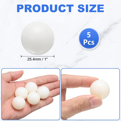 Five Pack Of Solid Nylon Balls One Inch Diameter Pa Plastic Bearing Beads For Smooth Rolling Diy Builds And Industrial Valve Repair Systems That Run Slick And Stay Built Tough Zero Drama Guaranteed - showing size and quantity.