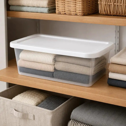 Clear Plastic Storage Bins With White Snap On Lids Set Of Ten Six Quart Capacity on shelf holding neatly folded blankets.