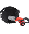 Job Site Ready 16 Inch Wet Dry Electric Concrete Cutting Saw With Integrated Water Pump And Extended Hose For Crisp Dust Free Grooving On Granite Tile Stone Wood And Brick Works Heavy Duty 4000 Watt Power Rig side view with blade