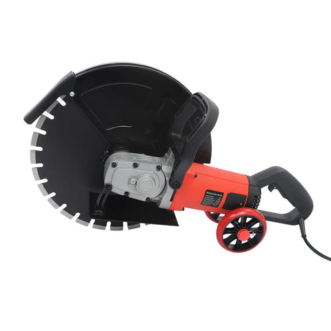 Heavy Duty 16 Inch Electric Concrete Saw With 4000 Watt Copper Motor, featuring blade, handle, and rolling base for masonry cuts.