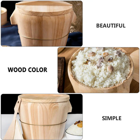 Natural Hardwood Rice Steamer Bucket With Secure Lid Spoon And Linen Steam Cloth Hustle Free Kitchen Essential For Even Heat And Fluffy Grains A Real Deal Cooking Game Changer, showcasing wooden texture and rice.