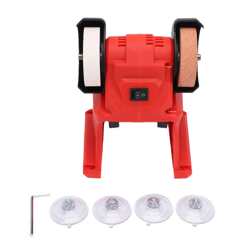 Killer 18V Wireless Mini Bench Grinder Rig Featuring Dual 70mm Coarse Fine Corundum Wheels And Grit Ready Copper Motor for sharpening.