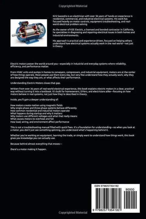 Understanding Electric Motors: Straight Talk On How Motors Work, Voltage Tricks For Home Appliances And Power Tools, Plus Guts And Glory Of Industrial And HVAC Systems Without The Textbook Fluff book cover with an electric motor illustration.