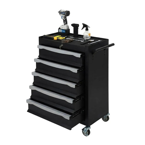 Badass Rolling Tool Chest Cabinet Designed With Heavy Duty Cold Rolled Steel Construction Includes Secure Central Keyed Lock For Shop Floor Storage, featuring five drawers.