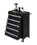 Heavy Duty Rolling Tool Chest With Five Spacious Locking Drawers Features Smooth Ball Bearing Slides For Effortless Glide And Knockout Tough Powder Coated Steel Build, black toolbox with tools on top.
