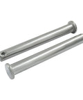 Heavy Duty Single Hole Clevis Pins M12 X 100 Mm Flat Head Two Piece Set For Trailer And Tractor showing two stainless steel pins.