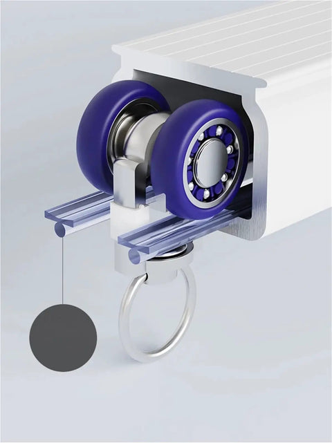Close-up of Heavy Duty Silent Curtain Track Gliders 20 Piece Pack Rock Solid Metal Pulleys with smooth roller wheels.